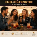 Négy barát naplemente közben a szabadban pihen, nevetgélnek, és együtt fogyasztják a Happy H Gummies Mango – 10 mg/db – Strong Edition (12 db) terméket. Sárga gumicukrokat és egy üveget tartanak a kezükben, háttérben ünnepi fényekkel. A magyar nyelvű szöveg és ikonok ismertetik a termék hatását és használatát.