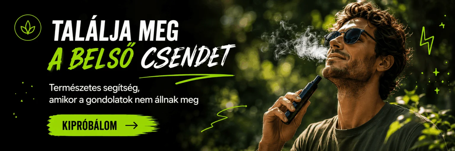 Egy napszemüveges férfi áll a szabadban, és e-cigarettából fújja ki a gőzt. A text természetesen "belső békére" buzdít, és kiemeli a CBD olaj vásárlást, élénkzöld KIPRÓBÁLOM (Próbáld ki) gombbal és leveles, természet ihlette dizájnnal.
