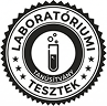 Fekete szöveg Laboratóriumi tesztek egy egyszerű fekete ikon felett, amely egy kémcsövet ábrázol folyadékkal és buborékokkal, laboratóriumi vizsgálatokat ábrázolva. A háttér világosszürke.
