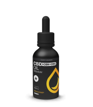 Fekete cseppentős üveg CBD+CBN+CBD Oil Premium felirattal, sárga csepp grafikával és fekete cseppentős kupakkal, világosszürke háttér előtt.