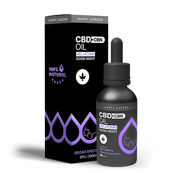 A Happy Garden 20% CBD + CBN + Melatonin Olaj (10ml - 2000mg) MCT olajjal társítva fekete üveg áll a hozzá illő fekete és lila dobozban, cseppentővel és "100% természetes" és "Broad Spectrum" szöveggel.