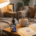 Egy üveg Happy Garden 20% CBD + CBN + Melatonin Olaj (10ml - 2000mg) MCT olajjal egy nyitott könyv és egy gőzölgő bögre mellett ül egy hangulatos, gyengén megvilágított nappaliban, nyugalmat idézve a könyvek és a zöld növények között.