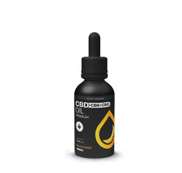 Fekete cseppentős üveg CBD+CBN+CBG Oil Premium felirattal, sárga cseppkódíszítéssel, sima világosszürke háttér előtt.