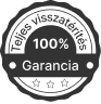 Fekete-fehér kör alakú jelvény, alul csillagokkal díszített, textgel: Teljes visszatérés 100% Garancia, azaz Teljes visszatérítés 100% garancia.