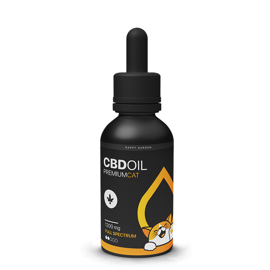 Fekete cseppentős üveg "Teljes spektrumú CBD olaj macskáknak - Lazac ízű, 1200mg, 30ml" felirattal, sárga macska és csepp dizájnnal fehér alapon - tökéletes azok számára, akik minőségi CBD olajat keresnek macskáknak a CBD Europetól.