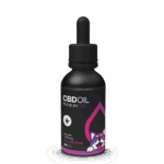 Fekete üveg CBD Olaj kutyáknak - teljes spektrumú, szalonna ízesítéssel (1200mg, 30ml) cseppentős kupakkal, lila mancs a címkén, és egy rajzfilmes kutya kinyújtott nyelvvel.
