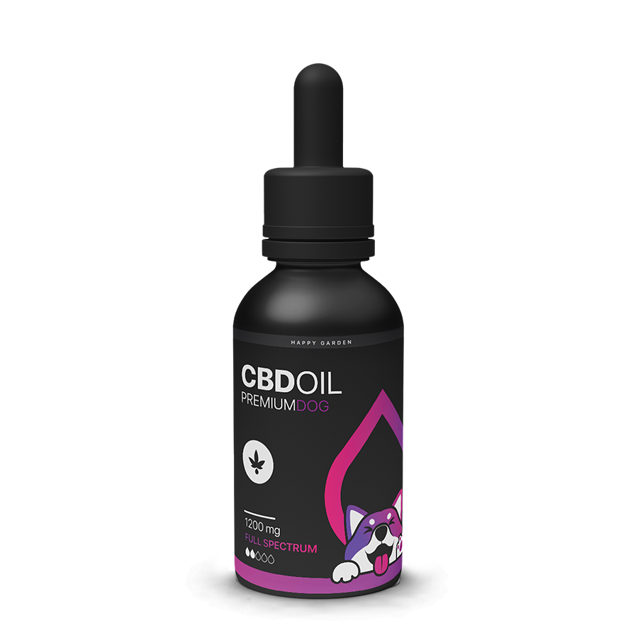 Fekete üveg CBD Olaj kutyáknak - teljes spektrumú, szalonna ízesítéssel (1200mg, 30ml) cseppentős kupakkal, lila mancs a címkén, és egy rajzfilmes kutya kinyújtott nyelvvel.