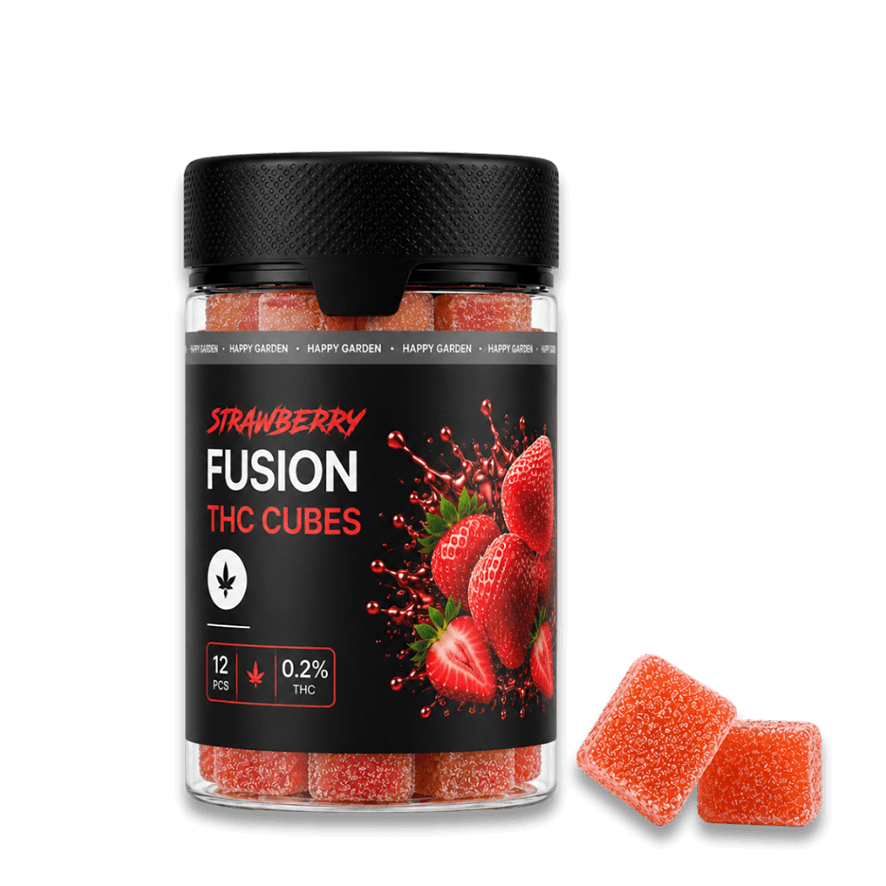 Egy „Happy H Gummies Strawberry (Eper) – 10 mg/db – Strong Edition, 12 db” feliratú üveg eperképekkel van díszítve. Mellette két piros, cukorral bevont gumicukorka látható. A címke szerint az üvegben 12 darab található, és magas a THC-tartalma.