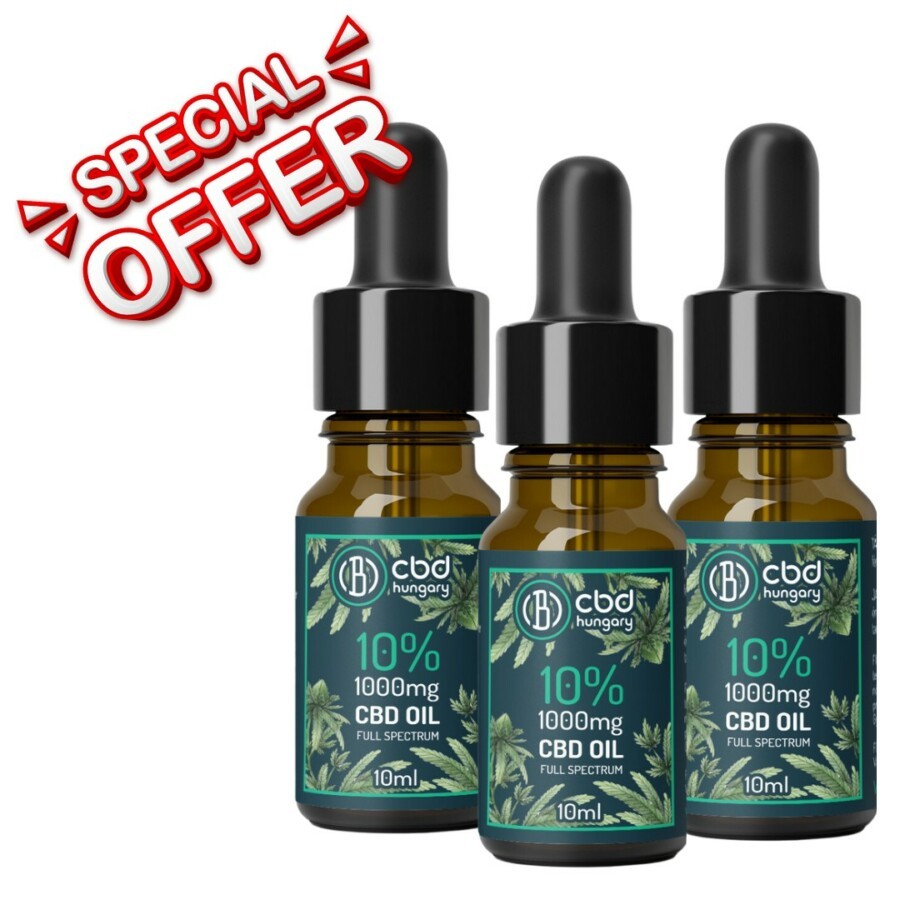 Három CBD Europe Trio 10% Teljes spektrumú CBD Olaj (10ml) üveg zöld címkével egymás mellett látható, ideális a CBD olaj rendelésedhez. A bal felső sarokban egy piros SPECIAL OFFER felirat látható.