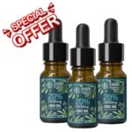 Három CBD Europe Trio 20% Teljes spektrumú CBD Olaj (10ml) üveg van sorban. A kép tetején egy piros SPECIAL OFFER banner látható - ideális rendeléshez. A kék és zöld címkék levélmintásak, mindegyik 2000 mg-os erősséget mutat.