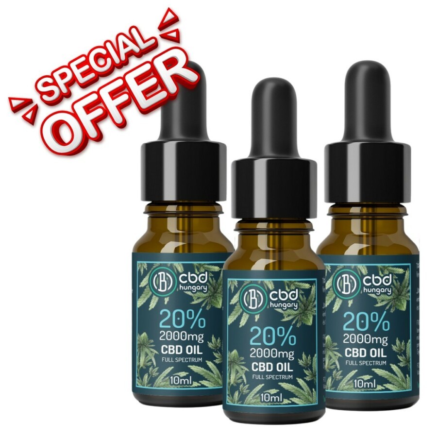 Három CBD Europe Trio 20% Teljes spektrumú CBD Olaj (10ml) üveg van sorban. A kép tetején egy piros SPECIAL OFFER banner látható - ideális rendeléshez. A kék és zöld címkék levélmintásak, mindegyik 2000 mg-os erősséget mutat.
