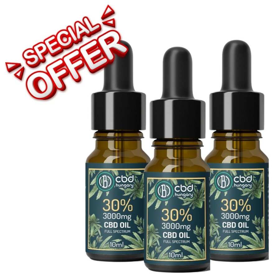 Három barna cseppentős üveg CBD Europe Trio 30% Teljes spektrumú CBD Olaj kender olajjal társítva 10ml feliratú, zöld levelekkel, piros Special Offer felirat alatt - ideális azok számára, akik CBD olaj rendelést keresnek.