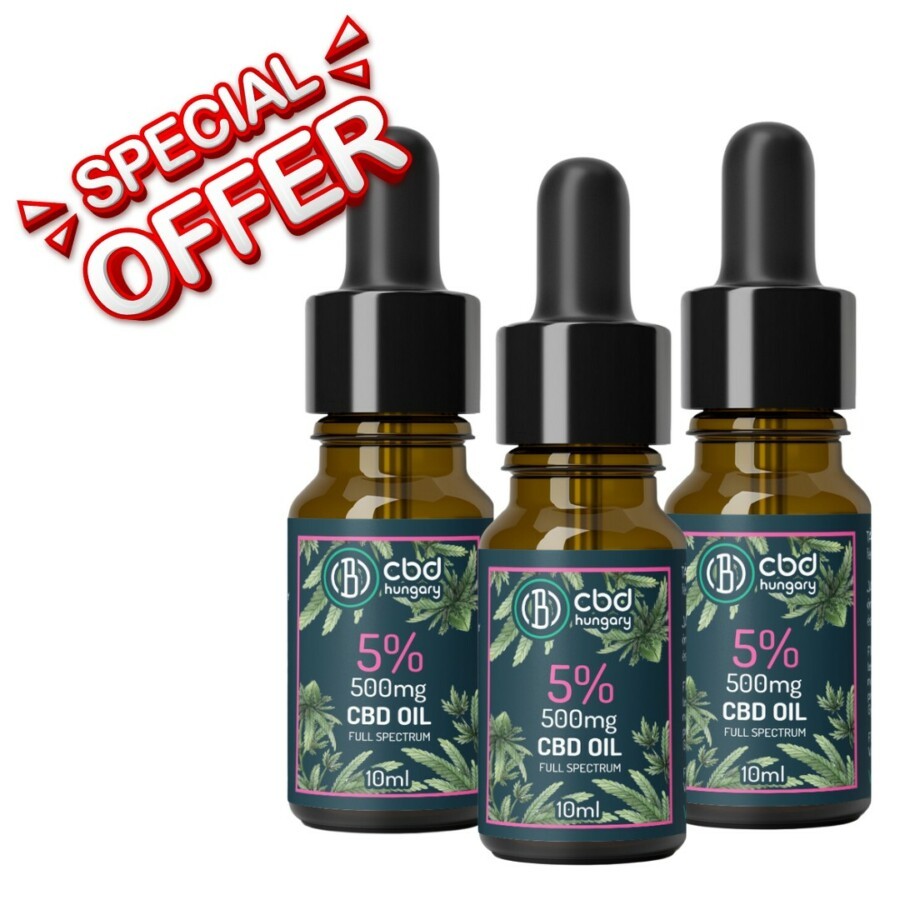 Három üveg CBD Europe Trio 5% teljes spektrumú CBD olaj kender olajjal, egyenként 10ml. A bal felső sarokban egy piros SPECIAL OFFER grafika jelenik meg. A zöld leveles címkék aláhúzzák ezt az exkluzív CBD olaj rendelés lehetőséget.