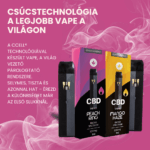 Két Csomagos Vape-ek prémium CBD vape toll és két ízesített (Peach Ring, Mango Haze) cartridge doboz látható rózsaszín, füstös háttérrel; a felirat: "Két íz, egy cél: gyors és diszkrét stresszoldás Magyar technológiával.