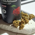 A Pineapple Express - CBD virágok 10g | Sativa tartály a szárított cannabis rügyek mellett pihen a könnyű kövön, a napfény lágy árnyékokat vet - a CBD Europe teljes spektrumú minőségének elegáns megjelenítése.