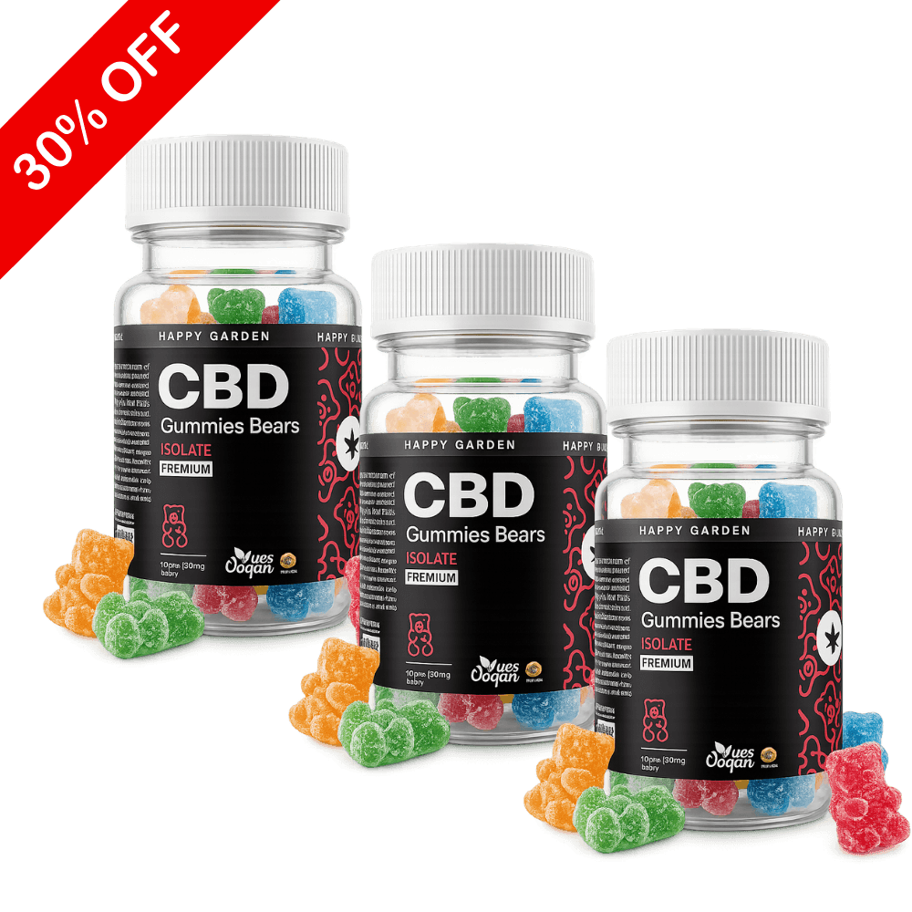 Három tégely Mini 3X CBD Izolátum & C vitaminos gumicukor - 900mg | 30db, színes gumicukorral körülvéve. A bal felső sarokban egy piros "30% OFF" banner látható. Prémium izolátum tégelyek - tökéletes a minőségi finomságokat kereső CBD Europe rajongók számára.