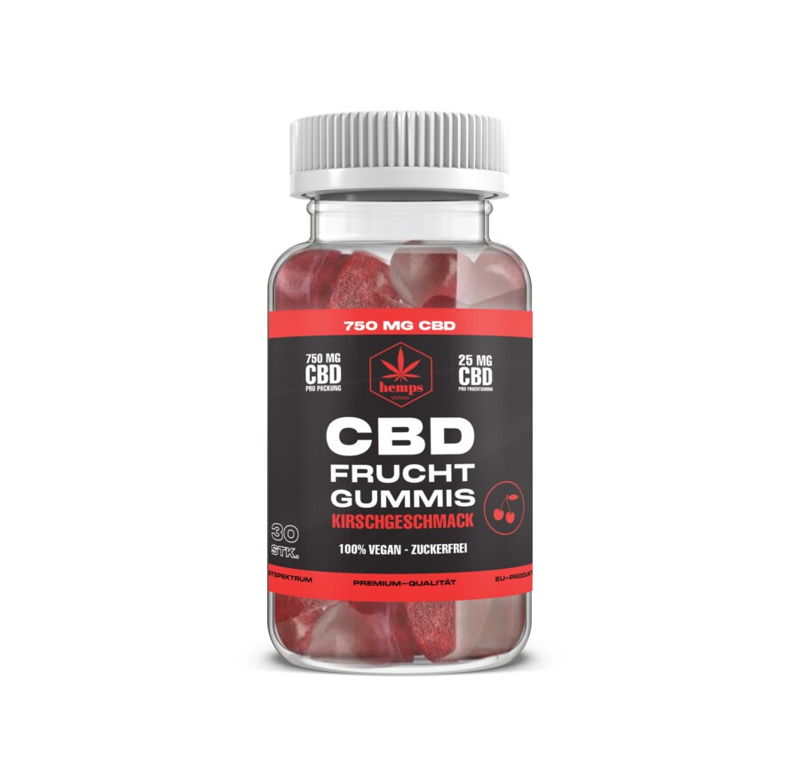 A "CBD Vegán Gumicukor Cseresznye 750 mg, Cukormentes 30db" feliratú átlátszó műanyag flakon piros és fehér cseresznyeízű vegán gumicukrot tartalmaz. A címke kiemeli, hogy 750 mg CBD, cukormentes, és 30 gumicukor van benne.